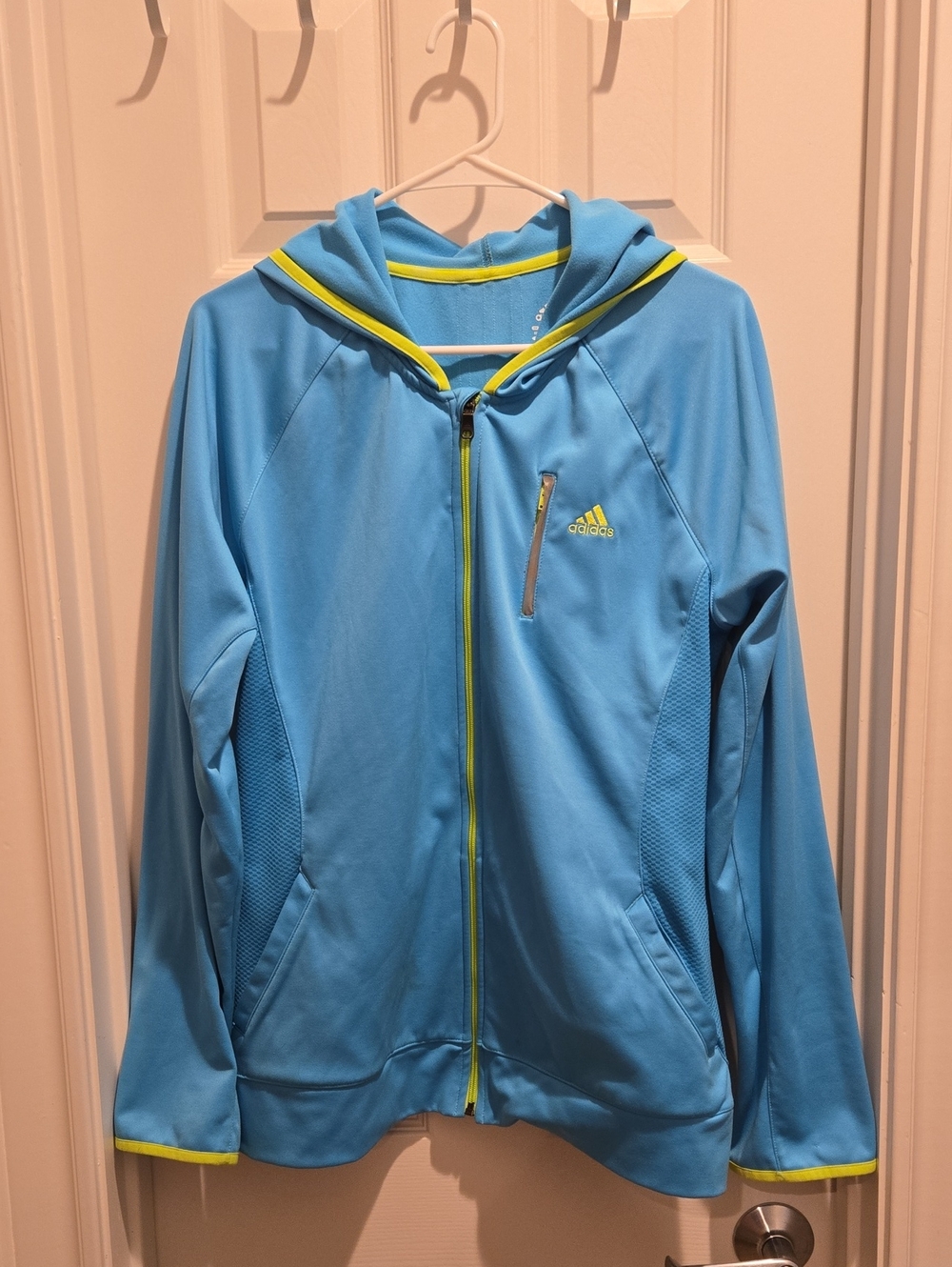 adidas Women Light Blue Hooded Zip Jacket with Lime Accents